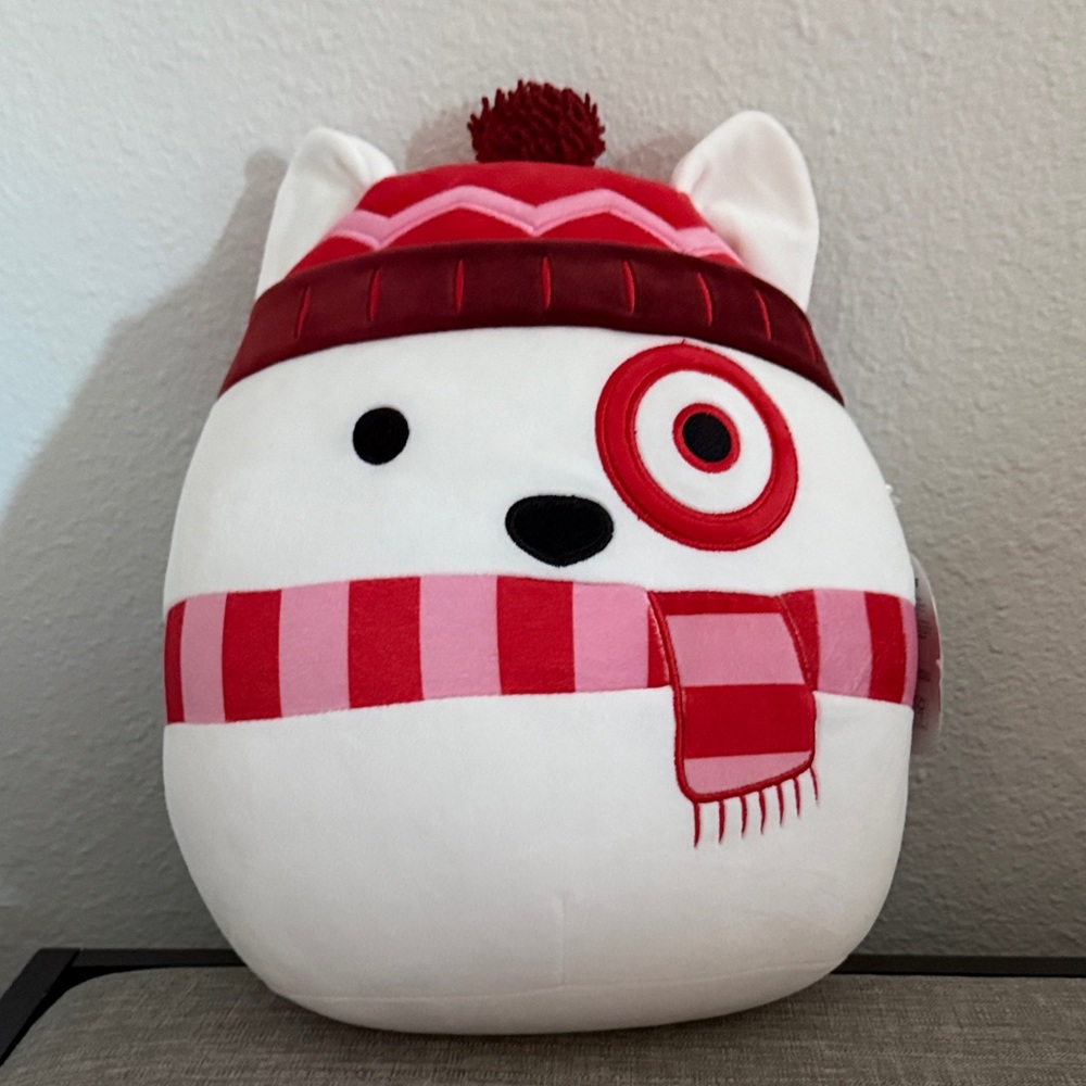 Bullseye Squishmallow White Plush with Red & Pink hat.